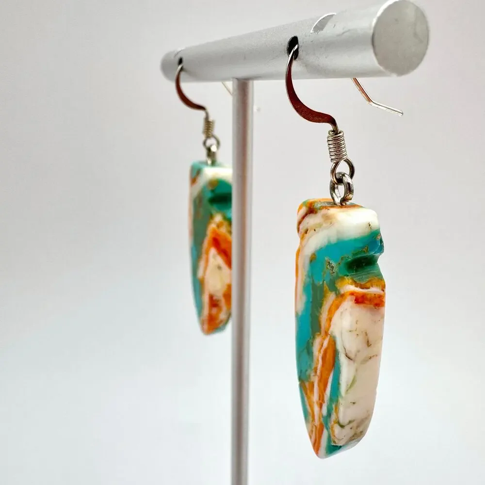 Turquoise Spiny Oyster Shell Carved Arrowhead Composite Slab Earrings Southwest - Picture 6 of 12